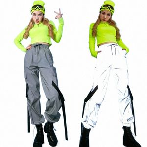 Traje de dança jazz adulto hip-hop mulheres rave roupas boate dj ds mostrar roupas macacão reflexivo calças verdes tops dnv14211 b5mQ #