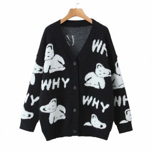 Löst Jacquard V-ringning tjock stickad Cardigan Coat Women Autumn Winter 2023 Plus Size Casual Clothing Good Quality Carto Sweater E7HG#