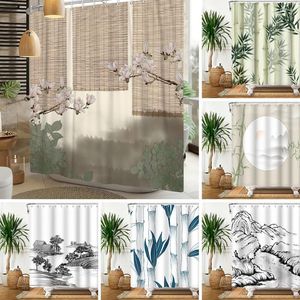 Shower Curtains Chinese Ink Painting Bamboo Curtain Sun Mountain Trees Nature Waterproof Bathroom Screen Polyester Fabric