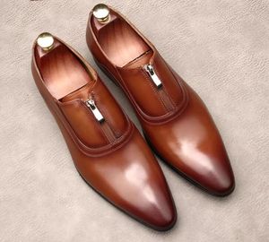 Fashion Men Business suit Dress shoes Britain party Wedding shoes zip Handmade Casual Cowhide loafers Genuine Leather Oxfords flats Formal Office Leather Shoes