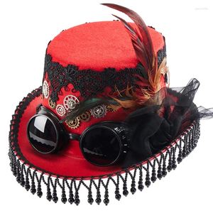 Fontes de festa Steampunk Cartola Gótica Retro Preto Vermelho Engrenagens Óculos Pena Frisada Borlas Fedora