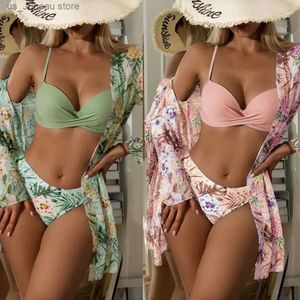 Maiô feminino floral torção cintura baixa conjunto de biquíni cobrir maiô para mulheres push up longo slve thr peças roupa de banho 2023 praia trajes de banho t240330
