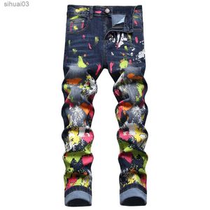 Jeans masculinos Mens pintados de jeans elásticos vestuário de rua colorido de calça ultrafina de fino, jeansl2403