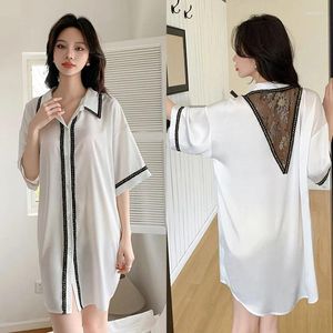 Women's Sleepwear Summer Back Hollow Out Female Nightshirt Nightdress Lingerie Women Silky Satin Lace Home Dress Loungewear