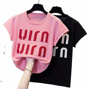 summer Plus Size Women Pullover Sweater Thin Rib Knitted Female Letter Print Tops Oversize Jumper Short Sleeve Sueters De Mujer p03J#
