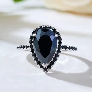 Cluster Rings 2024 925 Silver 7 11 Pear Shaped Water Drop Black Zircon Ring Vintage Simple