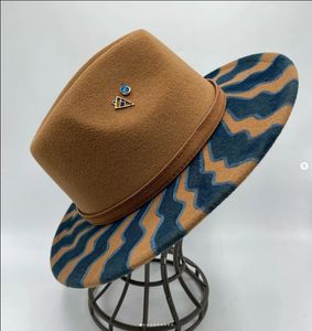Handpainted Fedora Hat Mens and Womens Panama Spring Autumn Fashion with Wrapped Feather Wool Big Brim 240326
