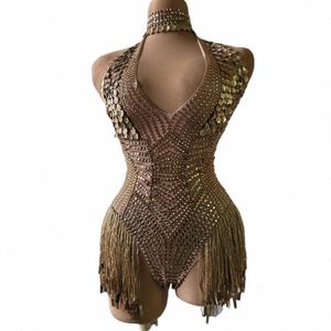 Folkdansshow Rhinestes Leotard Dance Costume Scen Wear Performance Nightclub Outfit Sexig Deep V Neck paljetter Bodysuit H4AW#