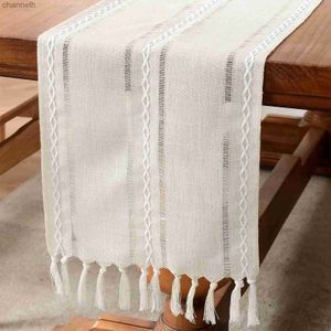 Bordlöpare LINEN MED TASSLES FARMHOUSE RUSTIC RUNNERS FÖR DINING KÖK KOUNCE PASTY DRESER DECORATION LVORYGREEN YQ240330