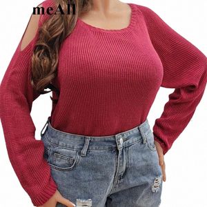 plus Size Solid Color Cold Shoulder Casual Sweater 4XL Women Sexy O Neck Rose Red Knitting Jumpers b9Bk#