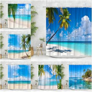 Cortinas de chuveiro oceano cortina cenário à beira-mar praia ondas tropicais palmeiras plantas verão sol poliéster tecido decoração do banheiro conjunto