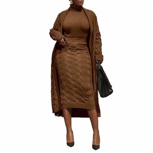 Plus -storlek daglig kjoluppsättning brun ribbad stickad kabel stickad tvådel kjoluppsättning i3gm#