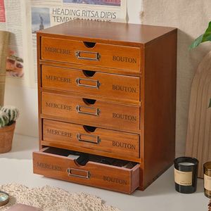 1pc Wooden Five-layer Drawer Type Desktop Retro Small Countertop Perfume Storage Box, Finishing Cabinet, Home Room Decor