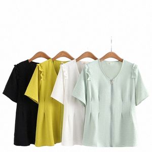 Ny 2023 Ladies Spring Summer Plus Size Tops för kvinnor stor storlek Kort ärm V-Neck dragkedja Green T-shirt 3xl 4xl 5xl 6xl 57cj#