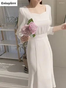 Vestidos casuais 2024 primavera chique estilo coreano feminino vestidos s romântico lace-up azul branco vestido longo 2402
