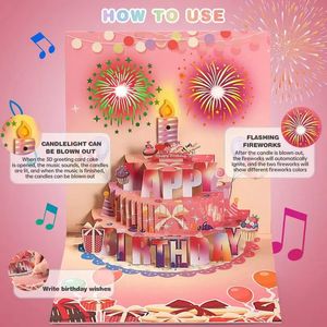 Unik 3D -pop -up Happy Birthday Card Auto Musical gratulationskort med Blowable LED Light Candle Birthday Cake Card Presents 240328