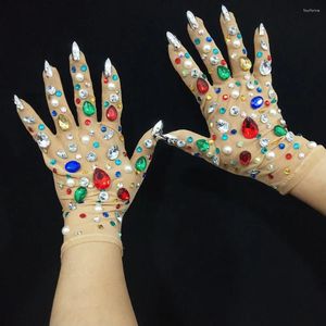 Stage Wear Colorful Rhinestones Mesh Short Gloves Accessories Crystal For Singer Dancer Performance Party Show Costume