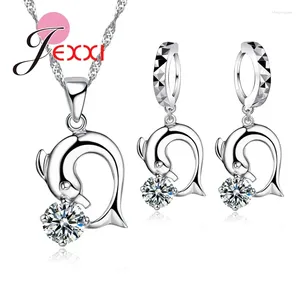 Collana con orecchini in argento sterling 925 all'ingrosso Bellissimi delfini con sfere di cristallo CZ lucido da donna