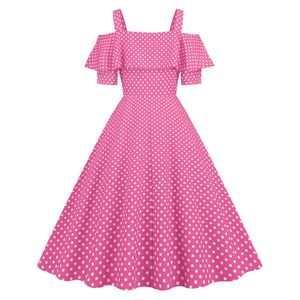 L kadın hepburn spagetti kayış fırfır kısa kollu büyük salıncak polka dot retro elbise