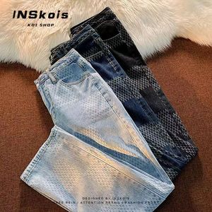 Jeans retrô masculino, jeans de grife de marca de moda, jeans feminino perna reta solta, calças de rua