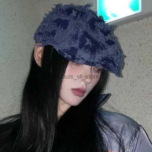 Berets Newsboy Hats KoreanバージョンデザインY2Kホールスター春/夏のレトロ文学デニムショートブラウンベレーメンH240330