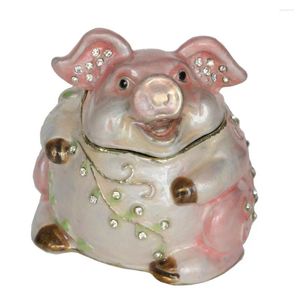 Decorative Figurines Happy Pig Enameled Hinged Trinket Box Metal Jewelry Container Collectible Gift