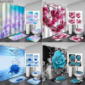 Duschvorhänge, blaue Rose, Badezimmer-Set, Pflaumenblüte, schöne Blume, Stoffvorhang, Flanell, rutschfester Teppich, Toilettendeckel-Abdeckung, Teppich