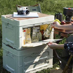 1 scatola da esterno, contenitore di grande capacità, porte ad apertura laterale, contenitore pieghevole, per riporre forniture da campeggio, scatola di immagazzinaggio con copertura in legno