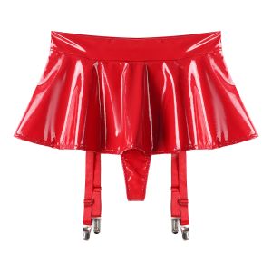 Sexy Women Wetlook PVC Leather Ruffled Skirts Party Low Waist Built-in Thongs Mini Skirt with Garter Belts Metal Clips Set Club