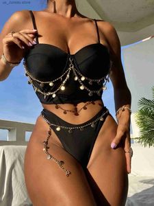 Women's Swimwear Chain Linked Push Up Bikini 2024 Brazilian Swimsuit Women Black Swimwear Female Sexy Bathing Suit Swimming Summer Beachwear T240330