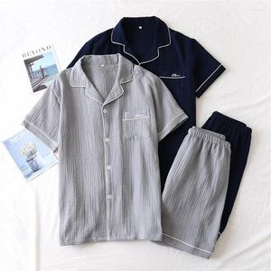 Hemkläder japanska sommarpar Kvinnor Pyjama Ställer in solida bomullsdamer Sleepwear Casual kortärmad skjorta Shorts Pyjamas Män hemkläder