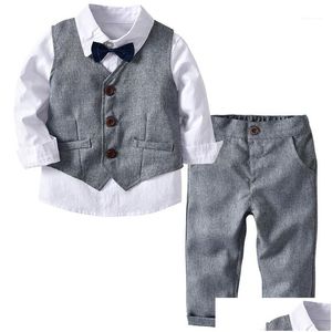Suits Boys Çocuk Giysileri Toddler Resmi Takım Çocuk Giyim Gri Yelek Gömlek Pantolon Kıyafet Bebek giysileri 1 Damla Teslimat Doğum Bezi DH6HZ