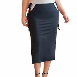 plus Size Tie Sides Waist Summer Sexy Midi Skirt Split Sides Solid Black Knot Club Pencil Skirt Female Large Size Bodyc Skirt t4kN#