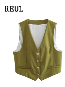 Gilet da donna REUL Tasche alla moda Gilet corto in lino Vintage per le donne Scollo a V senza maniche Capispalla femminile Canotte chic