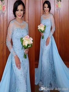 African Baby Blue Prom Dresses Mermaid With Detachable Train Sheer Neck Appliques Long Sleeves Sweep Train Arabic Dubai Evening Pa1764128