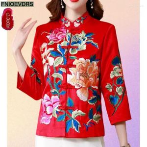 Women's Blouses S-4XL Year Red Tops Women Winter Basic Wear Button Stand Collar Retro Vintage French Design Shirts Embroidery