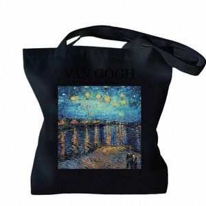 Van Gogh Starry Night Over the Rhe Shoulder Canvas Bag High Capacity Tygväska för flickor Återanvändbara butikshandväskor F1SU#