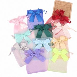 10pcs sacos de presente de organza transparente cordão bolsa organizador de jóias brinco embalagem festa saco de doces com ribb 91Gu #