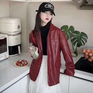 Jackor Girls Leather Blazer 2024 Spring Fashion Pu Jacket Ytterkläder Loose Casual Teenage Kids Tops kläder 13 14 15 Years Dark Red