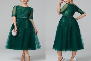 Elegantes Tüll-A-Line-Kleid für die Brautmutter, Illusionsausschnitt, Teelänge, Perlenapplikationen, Spitze, halbe Ärmel, Abendkleid 2058044