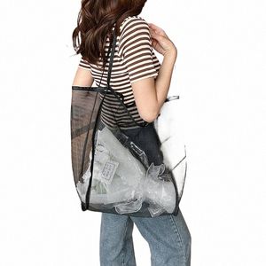 reusable Transparent Mesh Shop Bags Women Large Capacity Shoulder Shopper Storage Bag Portable Travel Beach Tote Handbags J10W#