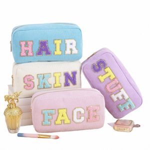 Mulheres Meninas Travel Corduroy Chenille Letras Patch Skincare Face Hair Stuff Makeup Cosmetic Bag para uso diário B7zN #