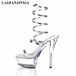 Elbise ayakkabıları laijianjinxia kadın yüksek topuk sandalet seksi kristal berraklığında balık yüksek platformlu 15 cm leopar dansı EUR 46