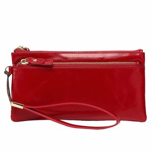 Luxury Oil Wax Leather Women plånbok LG Wristlet Lady Purse Clutch Real Cowhide Leather Female Purse Phe Bag Coin Pocket E6KF#