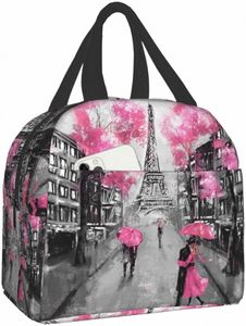 Парижская улица Эйфелева башня Розовые цветочные сумки для обеда для женщин Мальчик девочка Многоразовый изолированный ланч-бокс Подходит для путешествий Работа Пляж l2NR #