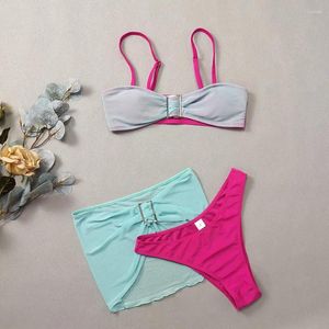 Kvinnors badkläder 2024 3-stycks blockfärg Bikini Kläder Mesh Kjol Swimsuit Summer Vacation Beach Outfits Micro Bathing Suit
