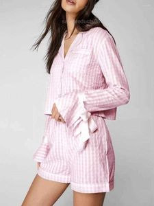 Damen-Nachtwäsche, kariertes Pyjama-Set für Damen, langärmeliges Hemd mit Knopfverschluss zum Binden und Shorts, Loungewear