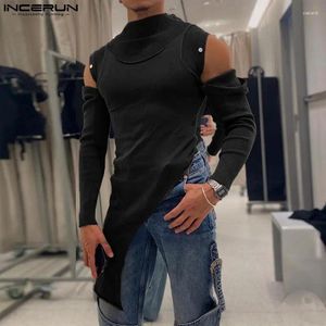 Men's T Shirts INCERUN 2024 Men Irregular Patchwork Long Sleeve Off Shoulder Turtleneck Clothing Streetwear Camisetas