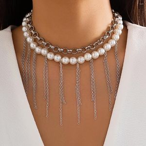 Colares de pingente IngeSight.Z Multilayer Imitação Pérola Frisada Gargantilha Colar Conjunto para Mulheres Punk Gótico Longo Metal Borla Link Clavícula