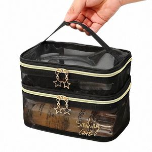 large-capacity Black Mesh Makeup Case Organizer Storage Pouch Casual Zipper Toiletry W Bags Make Up Women Travel Cosmetic Bag I5O9#